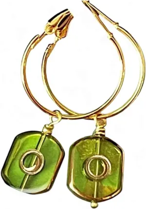 Earrings Green Glass & Gold Lever Back Hoop Dangle Earrings Vintage Metal Tone Dangle Drop Lightweight Geometric Hoop Jewelry With Crystal Accents Minimalist For Everyday or Party