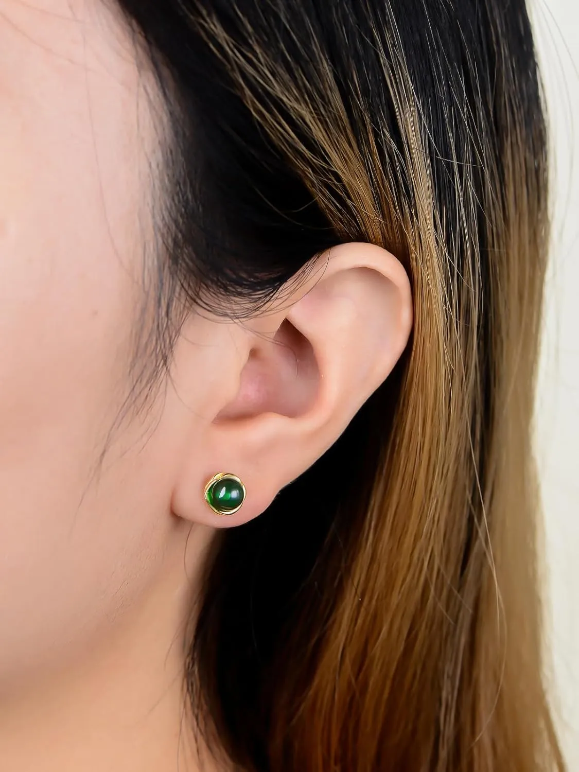 Earship Stud Earrings, Gold Plated Tiny Green Gemstone Ball Stud Earrings, Gemstone Jewelry for Women Birthday Gift