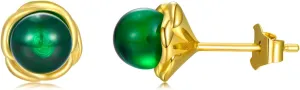 Earship Stud Earrings, Gold Plated Tiny Green Gemstone Ball Stud Earrings, Gemstone Jewelry for Women Birthday Gift