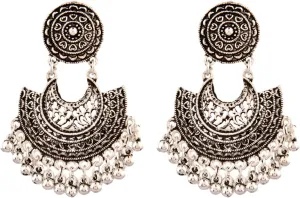 Efulgenz Boho Vintage Antique Ethnic Gypsy Tribal Indian Oxidized Silver Pearl Drop Floral Chandbali Dangle Earrings Jewelry, Silver