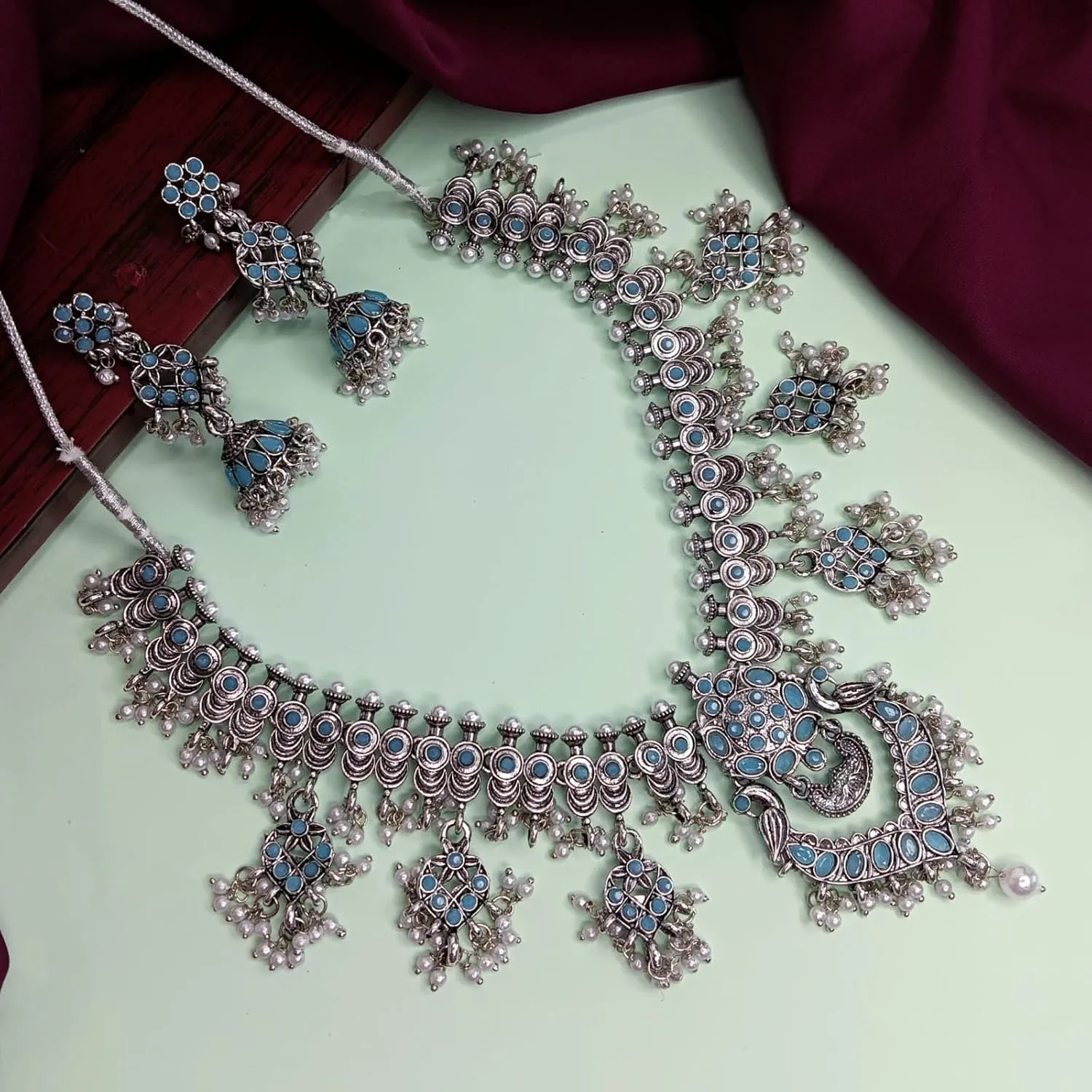 Efulgenz Choker Necklace and Earrings Indian Oxidized Jewelry Set for Women Antique Bohemian Faux Pearl Crystal Stone Necklace Jhumka Jhumki Earrings Wedding Fashion Jewelry for Women