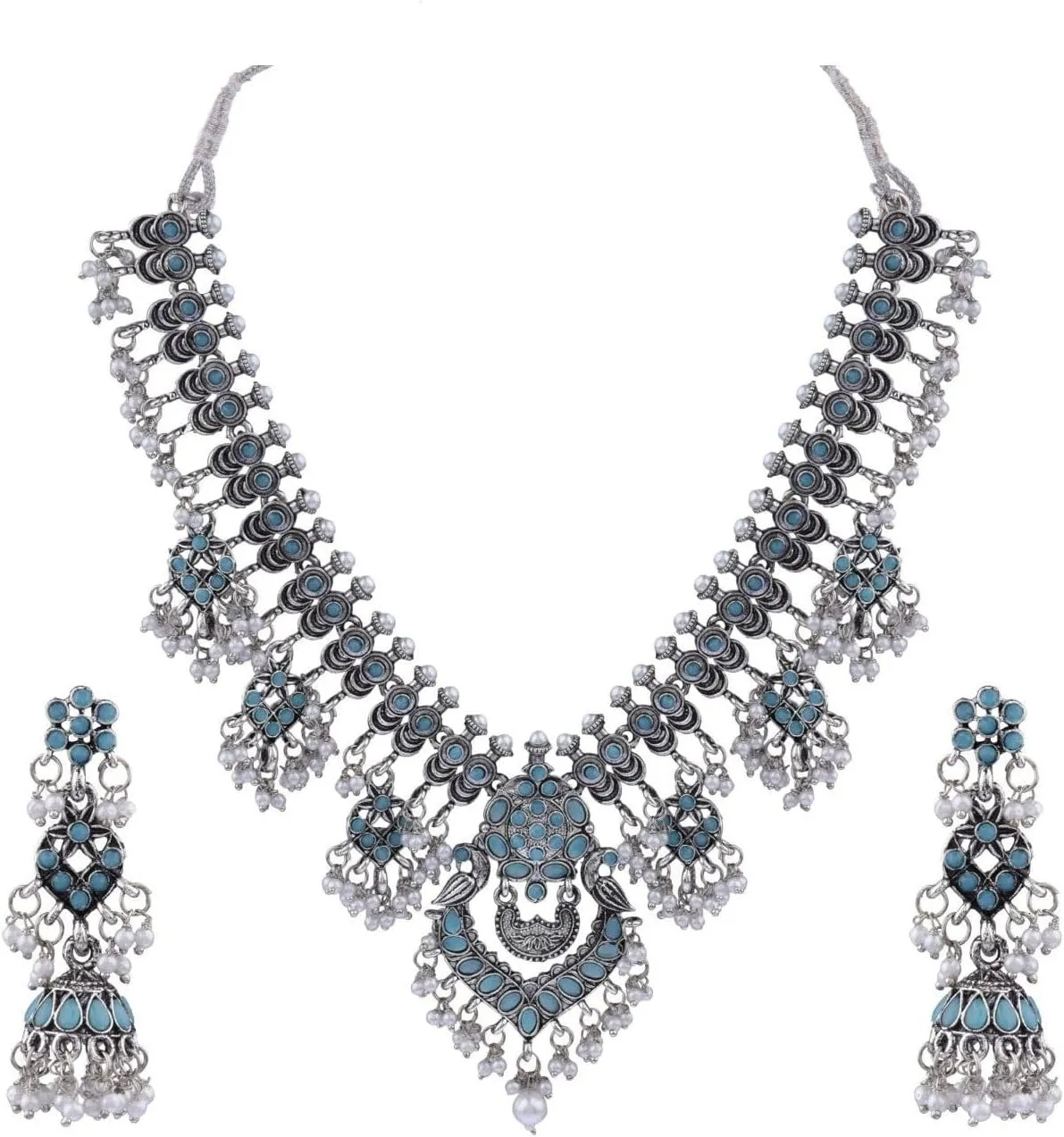 Efulgenz Choker Necklace and Earrings Indian Oxidized Jewelry Set for Women Antique Bohemian Faux Pearl Crystal Stone Necklace Jhumka Jhumki Earrings Wedding Fashion Jewelry for Women