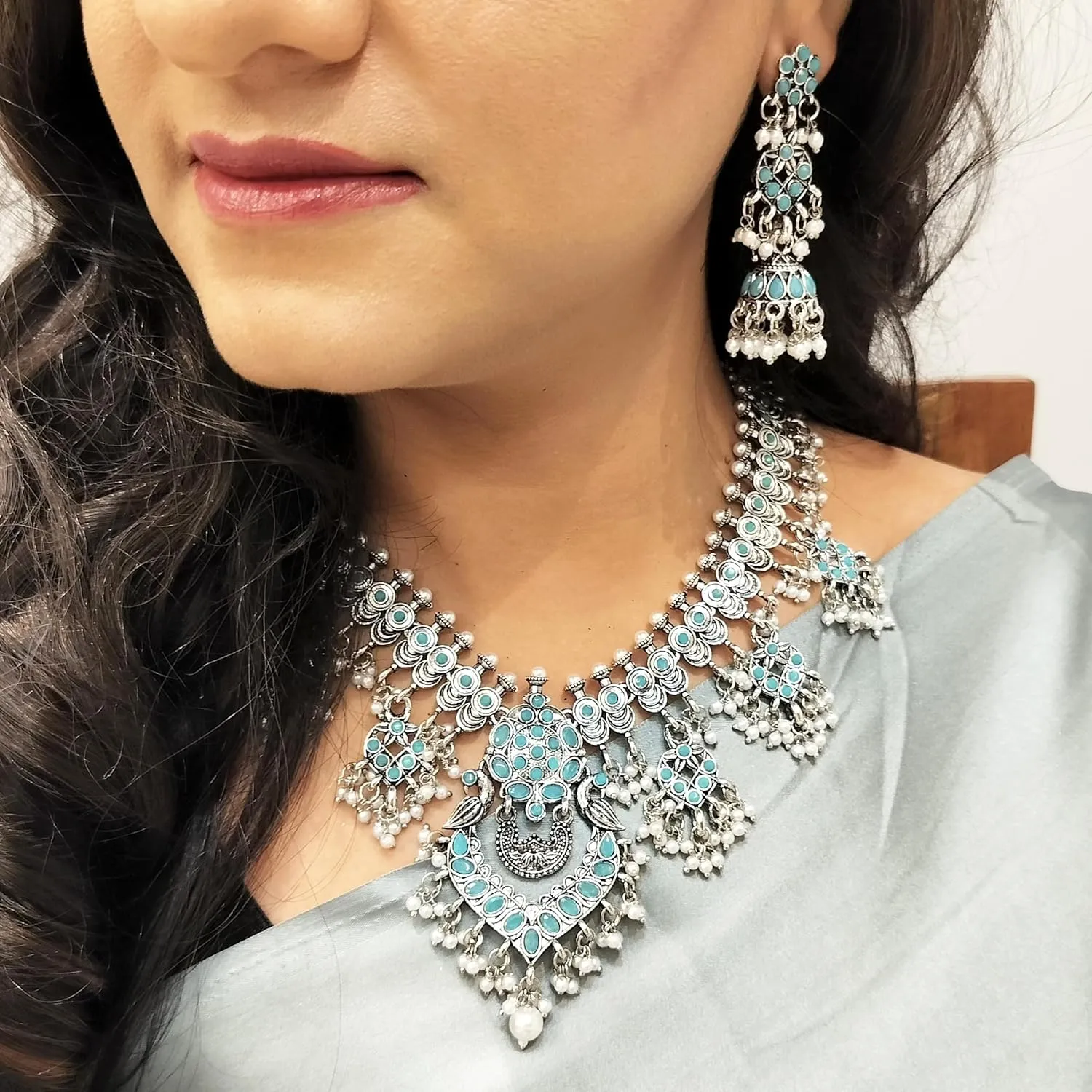 Efulgenz Choker Necklace and Earrings Indian Oxidized Jewelry Set for Women Antique Bohemian Faux Pearl Crystal Stone Necklace Jhumka Jhumki Earrings Wedding Fashion Jewelry for Women