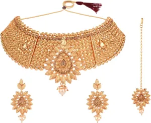 Efulgenz Gold Tone Choker Indian Jewelry Sets for Women Traditional Crystal Kundan Stone Pearl Wedding Choker Necklace Earrings Maang Tikka Jewelry Set Indian Bridal Jewelry