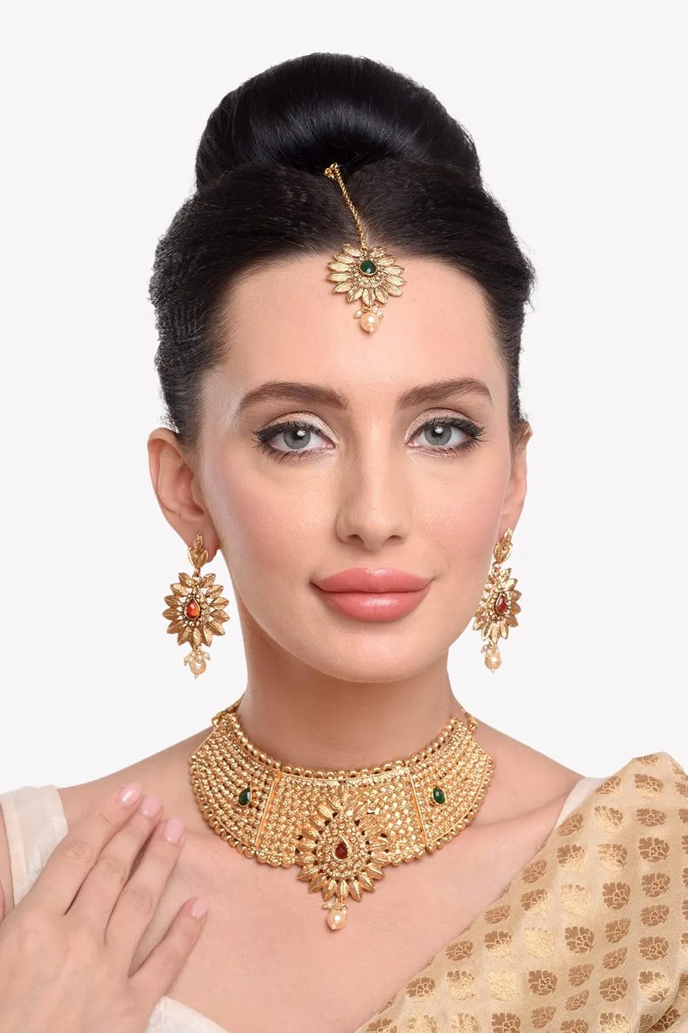 Efulgenz Gold Tone Choker Indian Jewelry Sets for Women Traditional Crystal Kundan Stone Pearl Wedding Choker Necklace Earrings Maang Tikka Jewelry Set Indian Bridal Jewelry