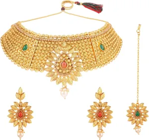 Efulgenz Gold Tone Choker Indian Jewelry Sets for Women Traditional Crystal Kundan Stone Pearl Wedding Choker Necklace Earrings Maang Tikka Jewelry Set Indian Bridal Jewelry