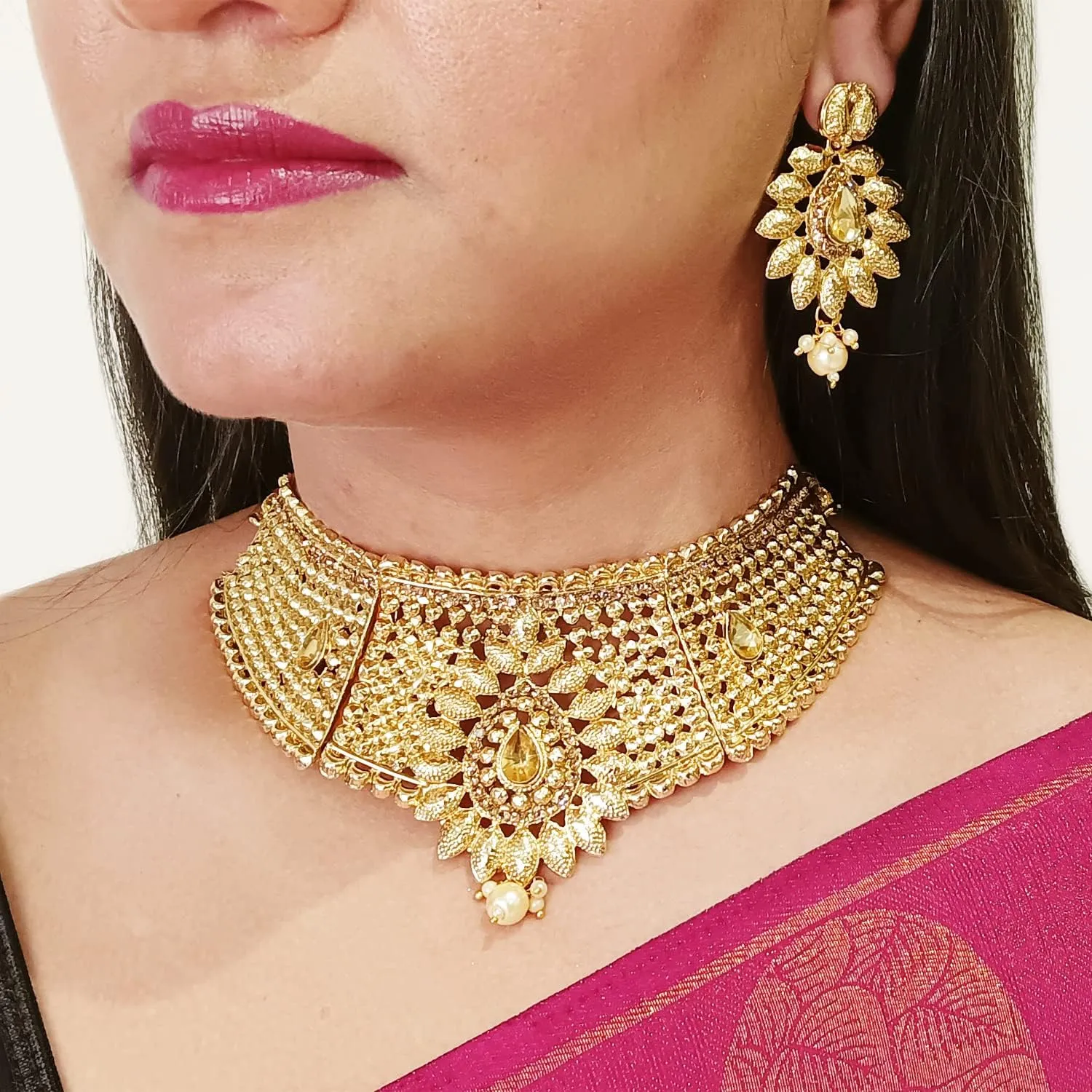 Efulgenz Gold Tone Choker Indian Jewelry Sets for Women Traditional Crystal Kundan Stone Pearl Wedding Choker Necklace Earrings Maang Tikka Jewelry Set Indian Bridal Jewelry