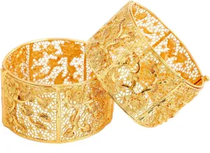 Efulgenz Gold Tone Indian Bangle Set for Women Dubai Style Bangle Set Indian Gold Tone Engraved Floral Leaf Pattern Hinge Openable Big Broad Bangles Bracelet Indian Bridal Jewelry for Wedding Bollywood Fashion Jewelry (2 Pcs)