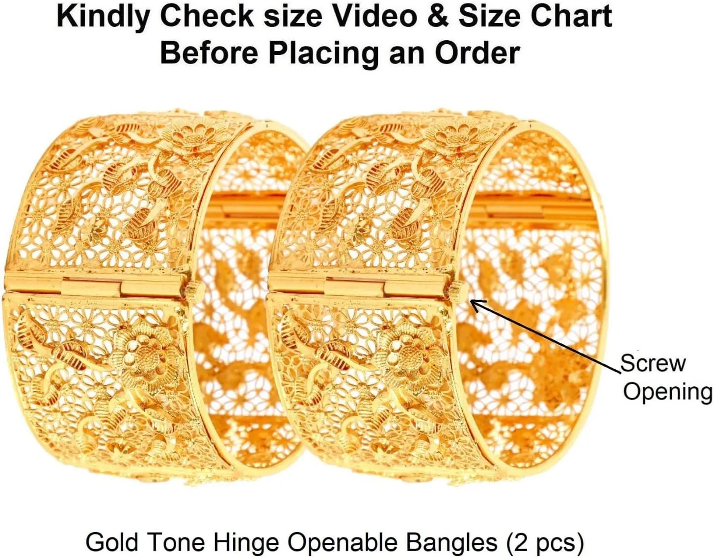 Efulgenz Gold Tone Indian Bangle Set for Women Dubai Style Bangle Set Indian Gold Tone Engraved Floral Leaf Pattern Hinge Openable Big Broad Bangles Bracelet Indian Bridal Jewelry for Wedding Bollywood Fashion Jewelry (2 Pcs)