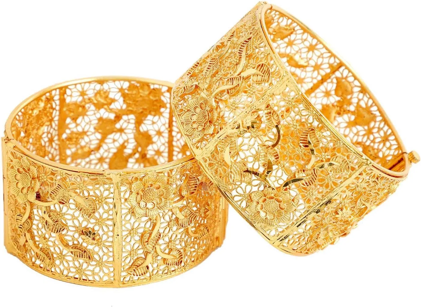 Efulgenz Gold Tone Indian Bangle Set for Women Dubai Style Bangle Set Indian Gold Tone Engraved Floral Leaf Pattern Hinge Openable Big Broad Bangles Bracelet Indian Bridal Jewelry for Wedding Bollywood Fashion Jewelry (2 Pcs)
