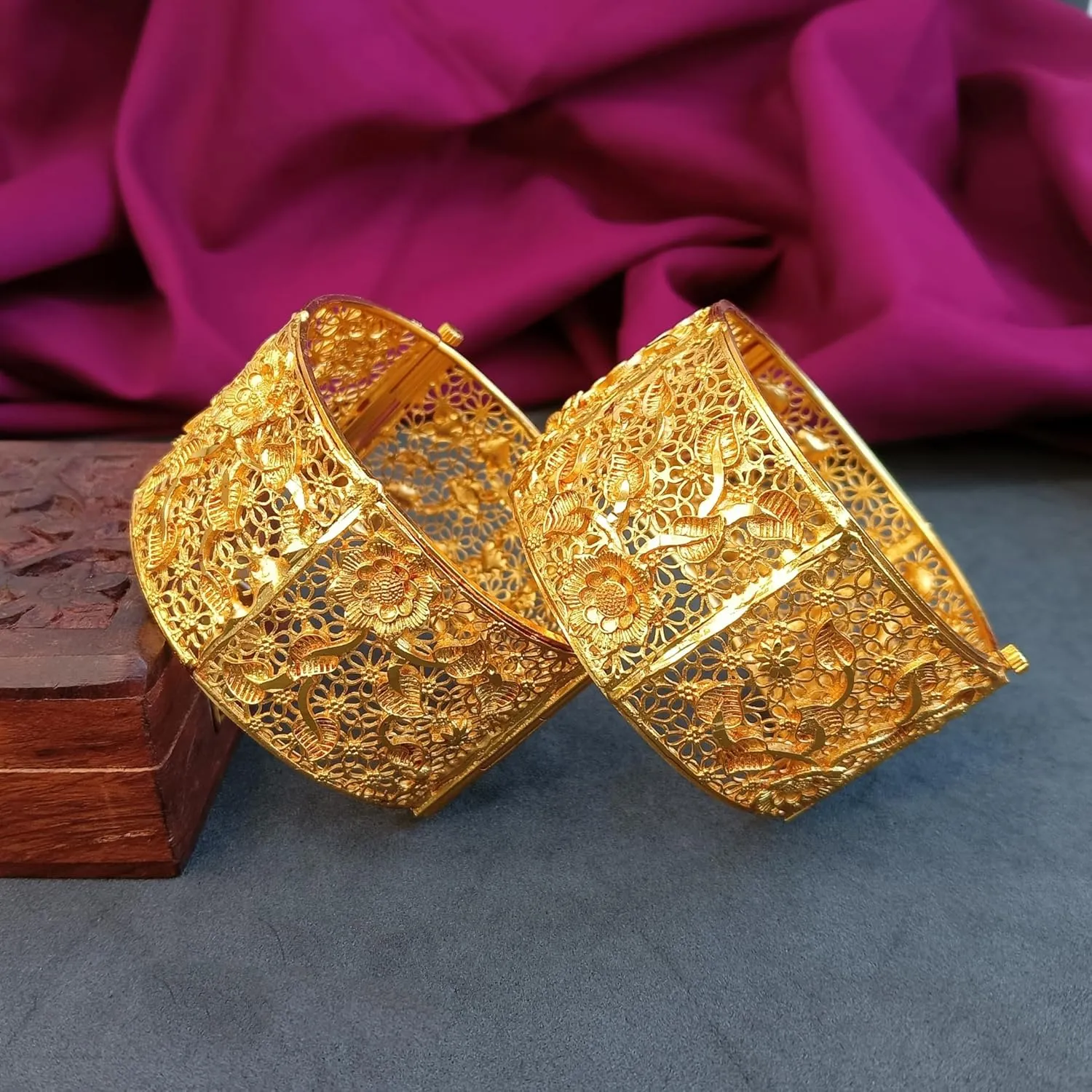 Efulgenz Gold Tone Indian Bangle Set for Women Dubai Style Bangle Set Indian Gold Tone Engraved Floral Leaf Pattern Hinge Openable Big Broad Bangles Bracelet Indian Bridal Jewelry for Wedding Bollywood Fashion Jewelry (2 Pcs)