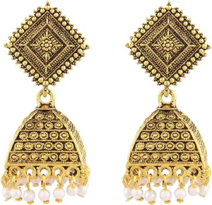 Efulgenz Indian Earring for Women Boho Vintage Antique Tribal Oxidized Faux Pearl Jhumka Jhumki Earring Bollywood Fashion Statement Earrings Jewelry for Women