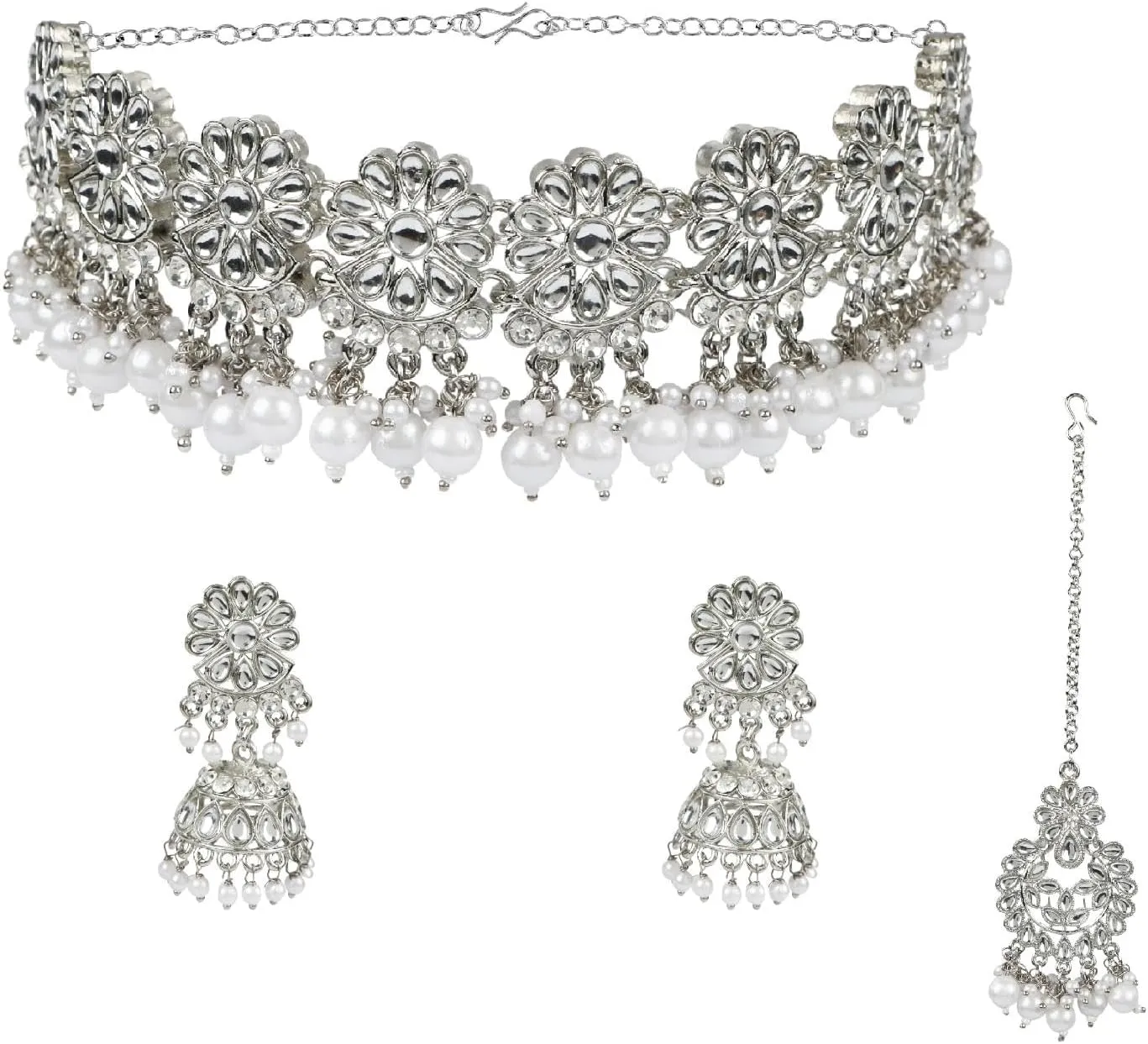 Efulgenz Indian Jewelry Sets for Women Crystal Kundan Choker Faux Pearl Necklace Jhumka Earrings Maang Tikka Head Chain Bollywood Wedding Bridal Jewellery for Women