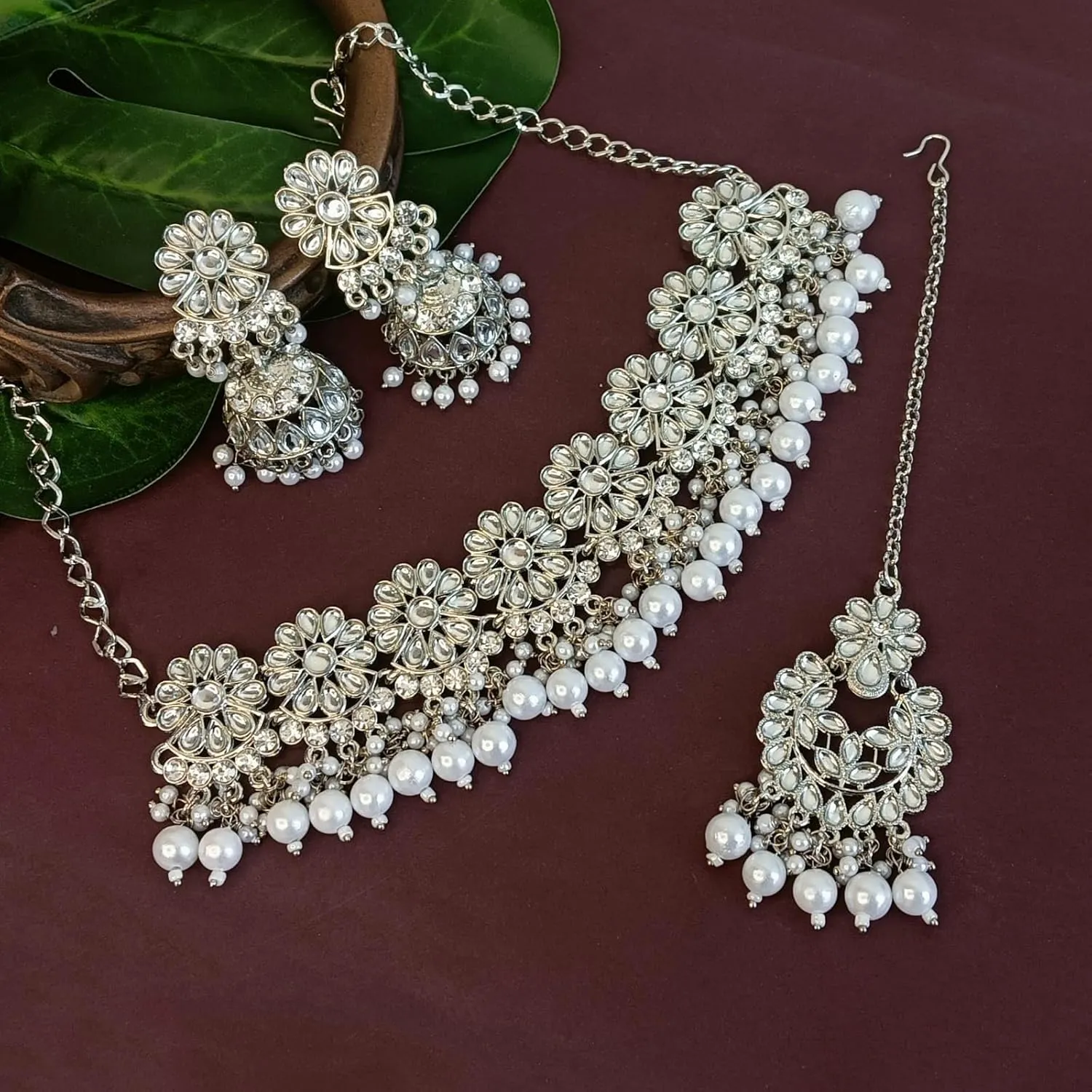 Efulgenz Indian Jewelry Sets for Women Crystal Kundan Choker Faux Pearl Necklace Jhumka Earrings Maang Tikka Head Chain Bollywood Wedding Bridal Jewellery for Women