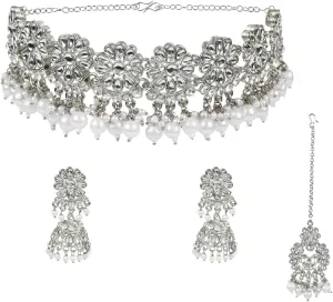 Efulgenz Indian Jewelry Sets for Women Crystal Kundan Choker Faux Pearl Necklace Jhumka Earrings Maang Tikka Head Chain Bollywood Wedding Bridal Jewellery for Women