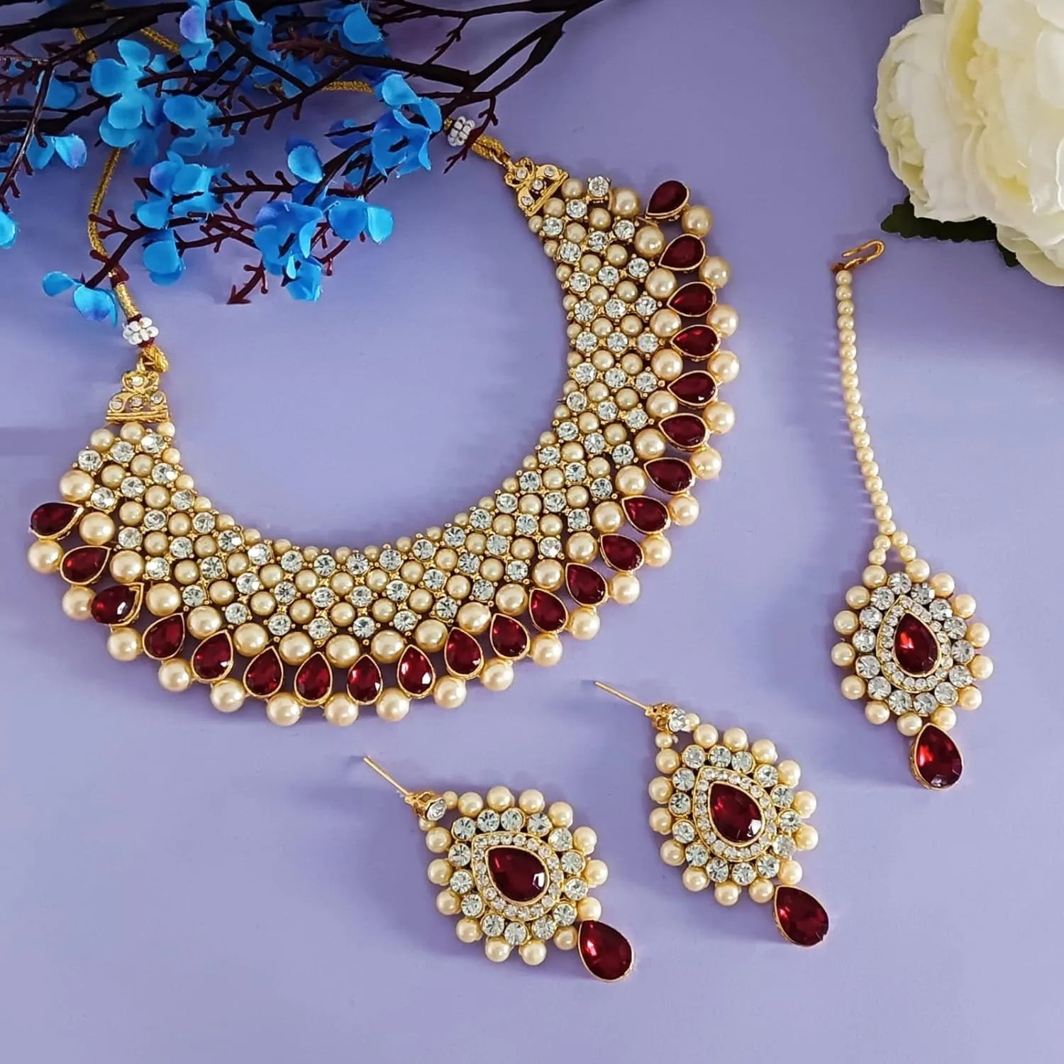 Efulgenz Indian Jewelry Sets for Women CZ Cubic Zirconia Bridal Jewelry Set for Wedding Choker Necklace and Earrings Maangtikka Set Faux Pearl Rhinestone Crystal Bridal Indian Necklace Set