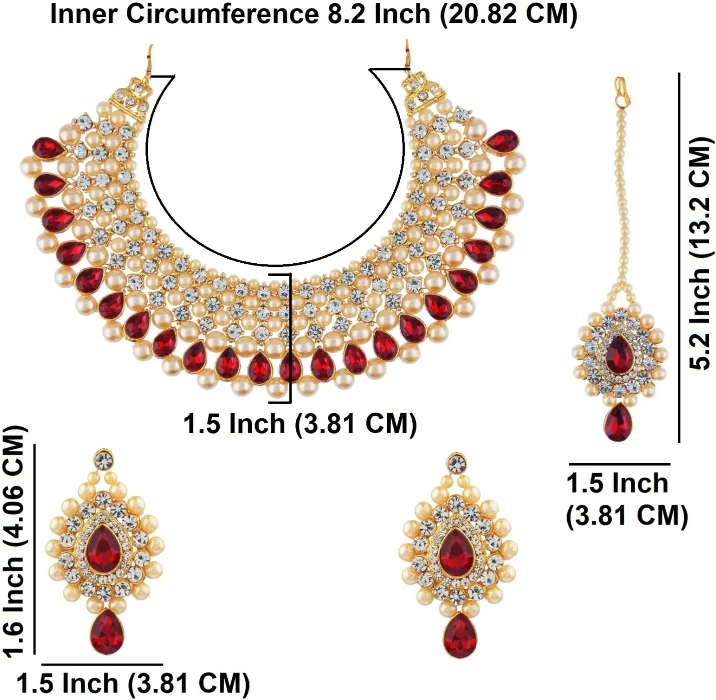 Efulgenz Indian Jewelry Sets for Women CZ Cubic Zirconia Bridal Jewelry Set for Wedding Choker Necklace and Earrings Maangtikka Set Faux Pearl Rhinestone Crystal Bridal Indian Necklace Set
