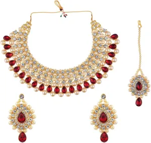 Efulgenz Indian Jewelry Sets for Women CZ Cubic Zirconia Bridal Jewelry Set for Wedding Choker Necklace and Earrings Maangtikka Set Faux Pearl Rhinestone Crystal Bridal Indian Necklace Set