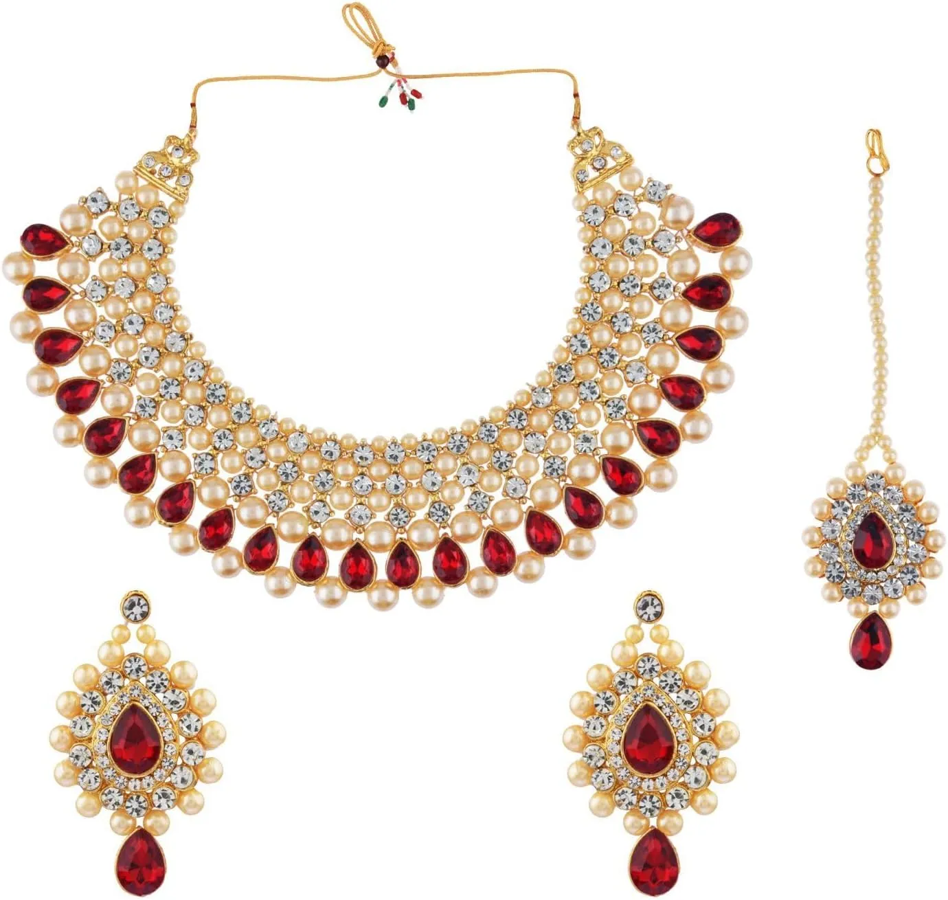 Efulgenz Indian Jewelry Sets for Women CZ Cubic Zirconia Bridal Jewelry Set for Wedding Choker Necklace and Earrings Maangtikka Set Faux Pearl Rhinestone Crystal Bridal Indian Necklace Set