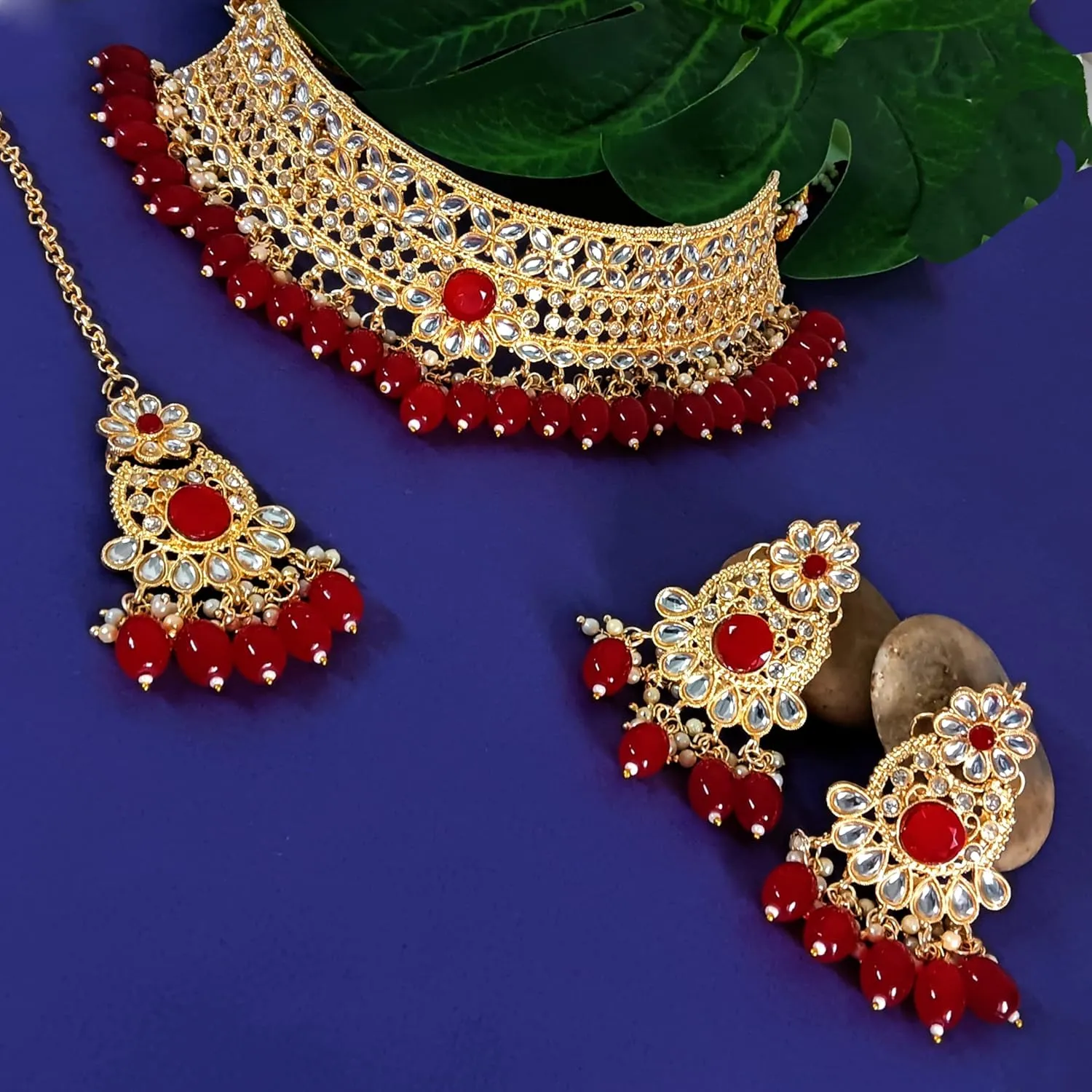 Efulgenz Indian Kundan Jewelry Set Traditional Crystal Faux Pearl Choker Necklace Earrings Maang Tikka Head Chain Bollywood Bridal Wedding Jewelry for Women