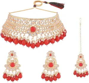 Efulgenz Indian Kundan Jewelry Set Traditional Crystal Faux Pearl Choker Necklace Earrings Maang Tikka Head Chain Bollywood Bridal Wedding Jewelry for Women