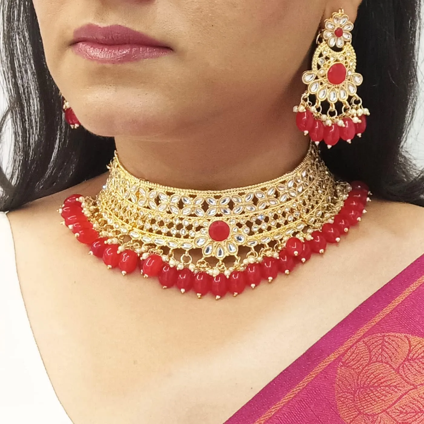 Efulgenz Indian Kundan Jewelry Set Traditional Crystal Faux Pearl Choker Necklace Earrings Maang Tikka Head Chain Bollywood Bridal Wedding Jewelry for Women