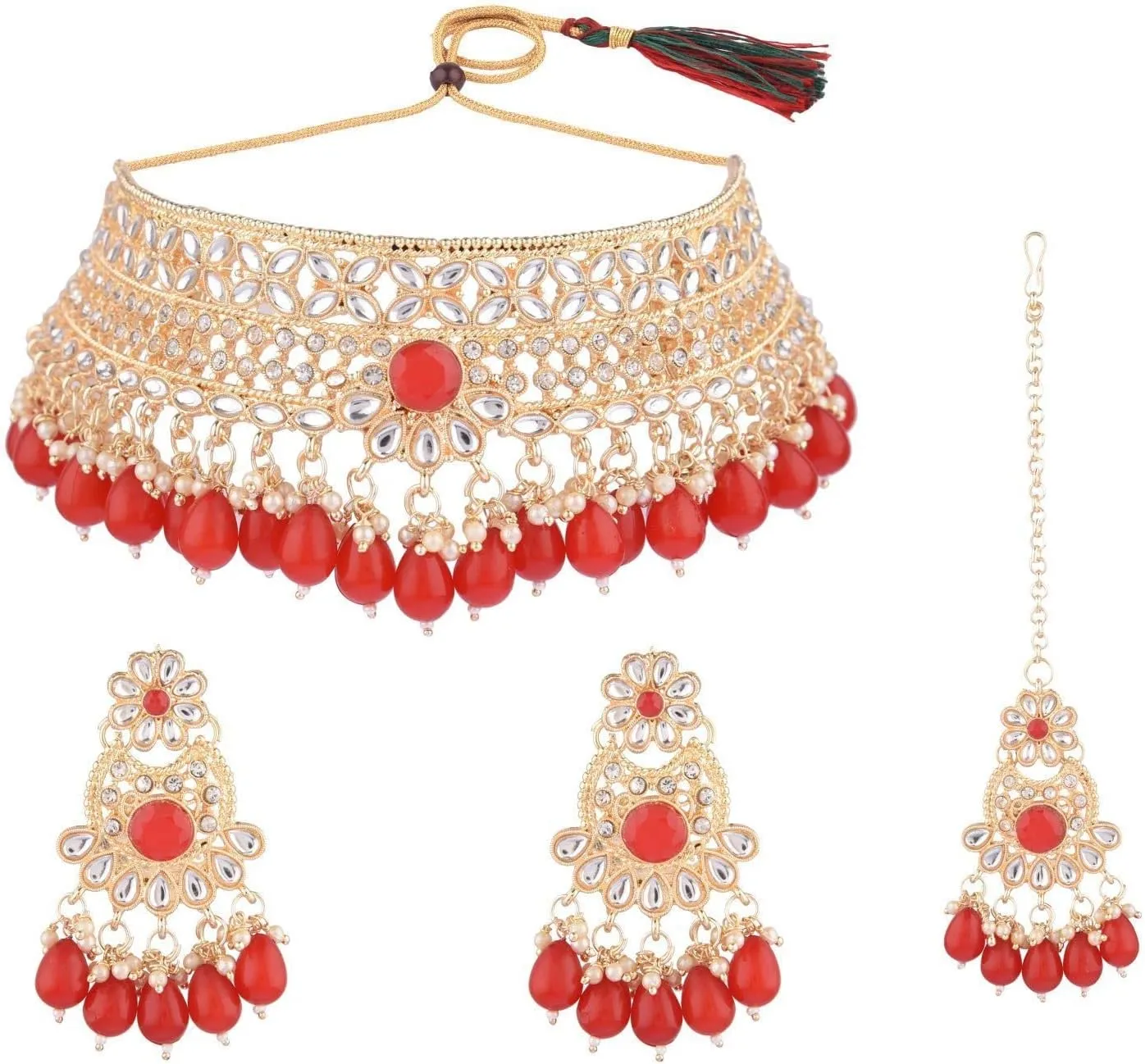 Efulgenz Indian Kundan Jewelry Set Traditional Crystal Faux Pearl Choker Necklace Earrings Maang Tikka Head Chain Bollywood Bridal Wedding Jewelry for Women