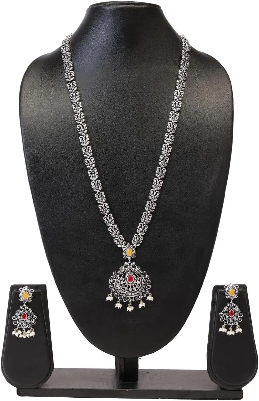 Efulgenz Oxidized Indian Jewelry Sets Long Pendant Choker Necklace Earrings Set Oxidized Antique Boho Crystal Faux Pearl Floral Necklace Dangle Earrings Bohemian Statement Jewelry Set for Women