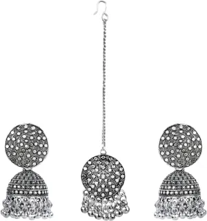 Efulgenz Oxidized Jewelry Antique Boho Bohemian Retro Vintage Indian Maang Tikka and Earrings Jewelry Set for Women Big Round Stud Jhumka Earrings and Maang Tikka Head Chain Bollywood Jewelry Hair Accessories