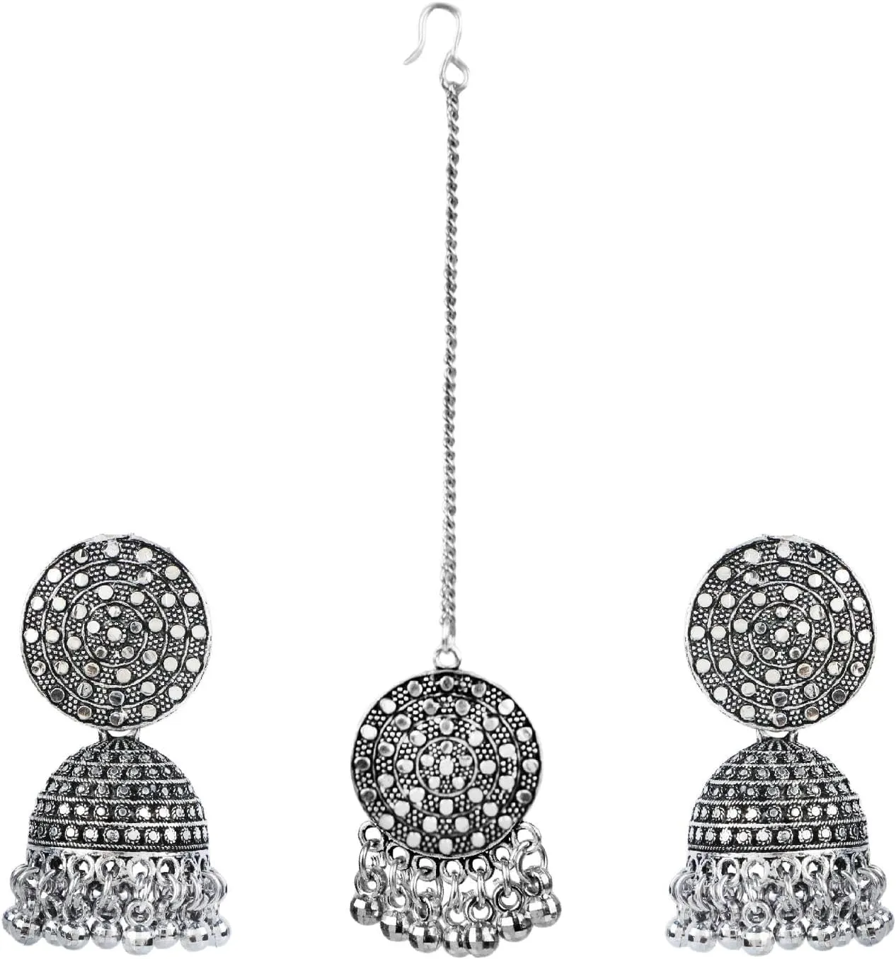 Efulgenz Oxidized Jewelry Antique Boho Bohemian Retro Vintage Indian Maang Tikka and Earrings Jewelry Set for Women Big Round Stud Jhumka Earrings and Maang Tikka Head Chain Bollywood Jewelry Hair Accessories