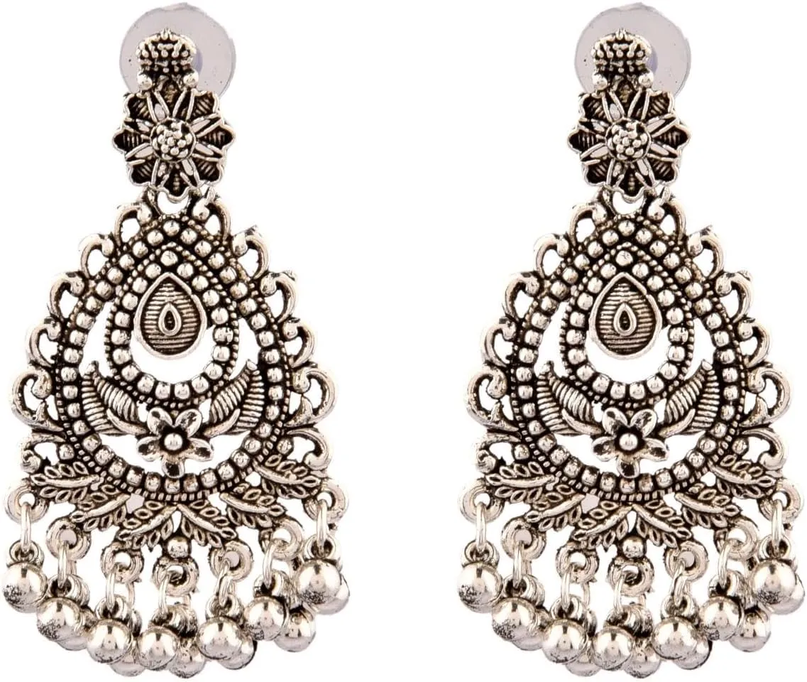 Efulgenz Oxidized Jewelry Boho Vintage Antique Tribal Indian Oxidized Silver Chandbali Dangle Statement Hook Earrings Jewelry, Copper, No Gemstone