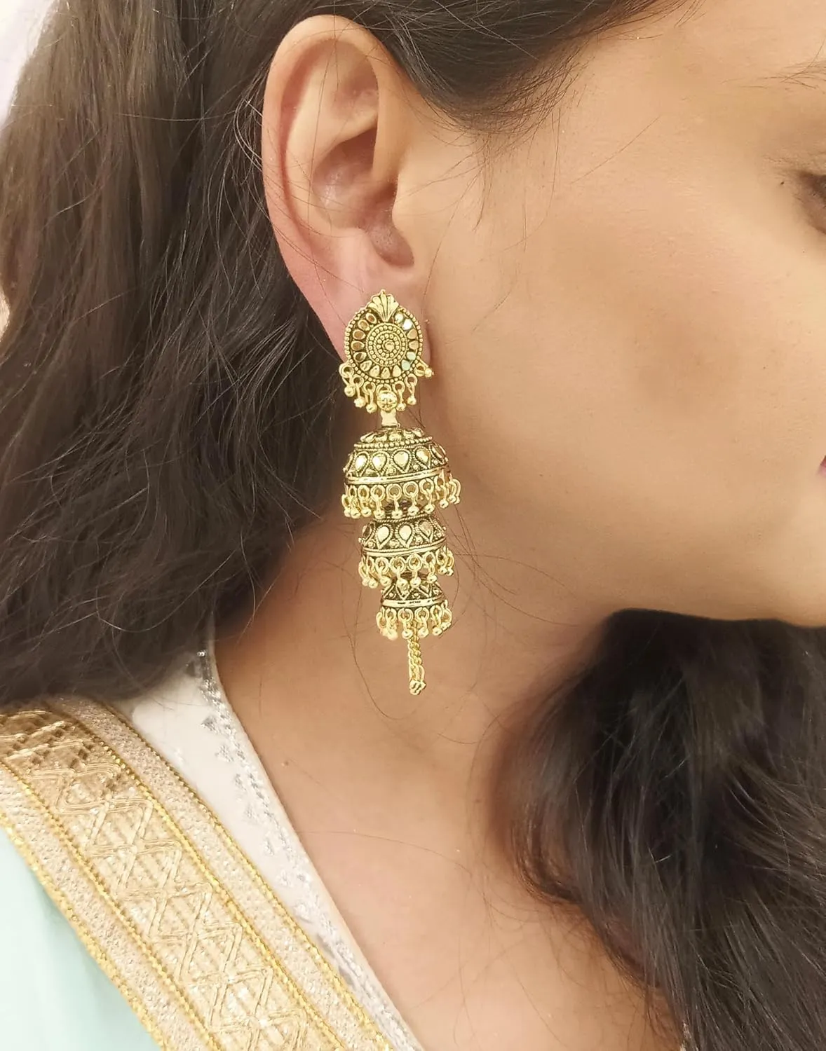 Efulgenz Oxidized Jhumka Earrings Oxidized Indian Jewelry Jhumka Boho Layered Jhumka Jhumki Tassel Dangle Statement Earrings for Women