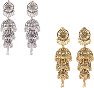 Efulgenz Oxidized Jhumka Earrings Oxidized Indian Jewelry Jhumka Boho Layered Jhumka Jhumki Tassel Dangle Statement Earrings for Women