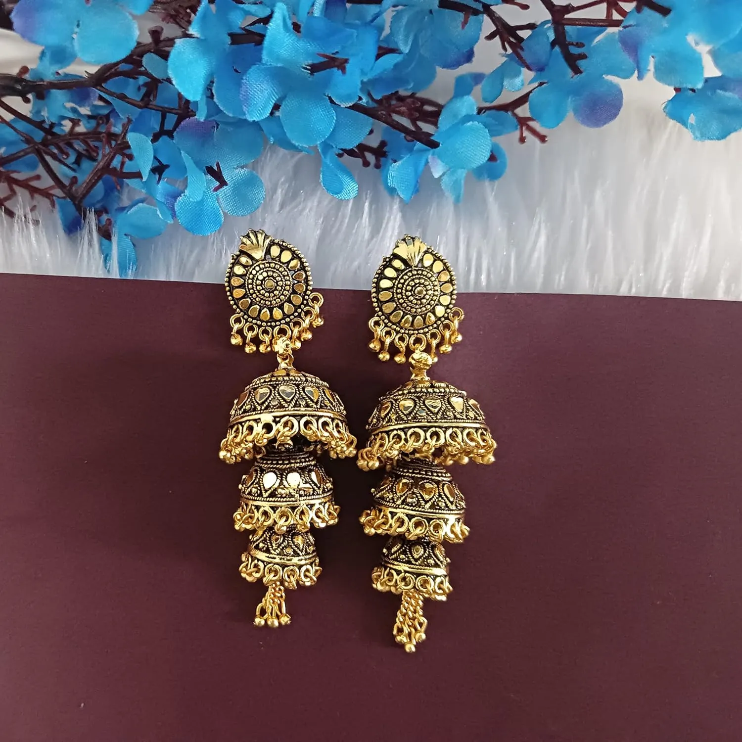 Efulgenz Oxidized Jhumka Earrings Oxidized Indian Jewelry Jhumka Boho Layered Jhumka Jhumki Tassel Dangle Statement Earrings for Women
