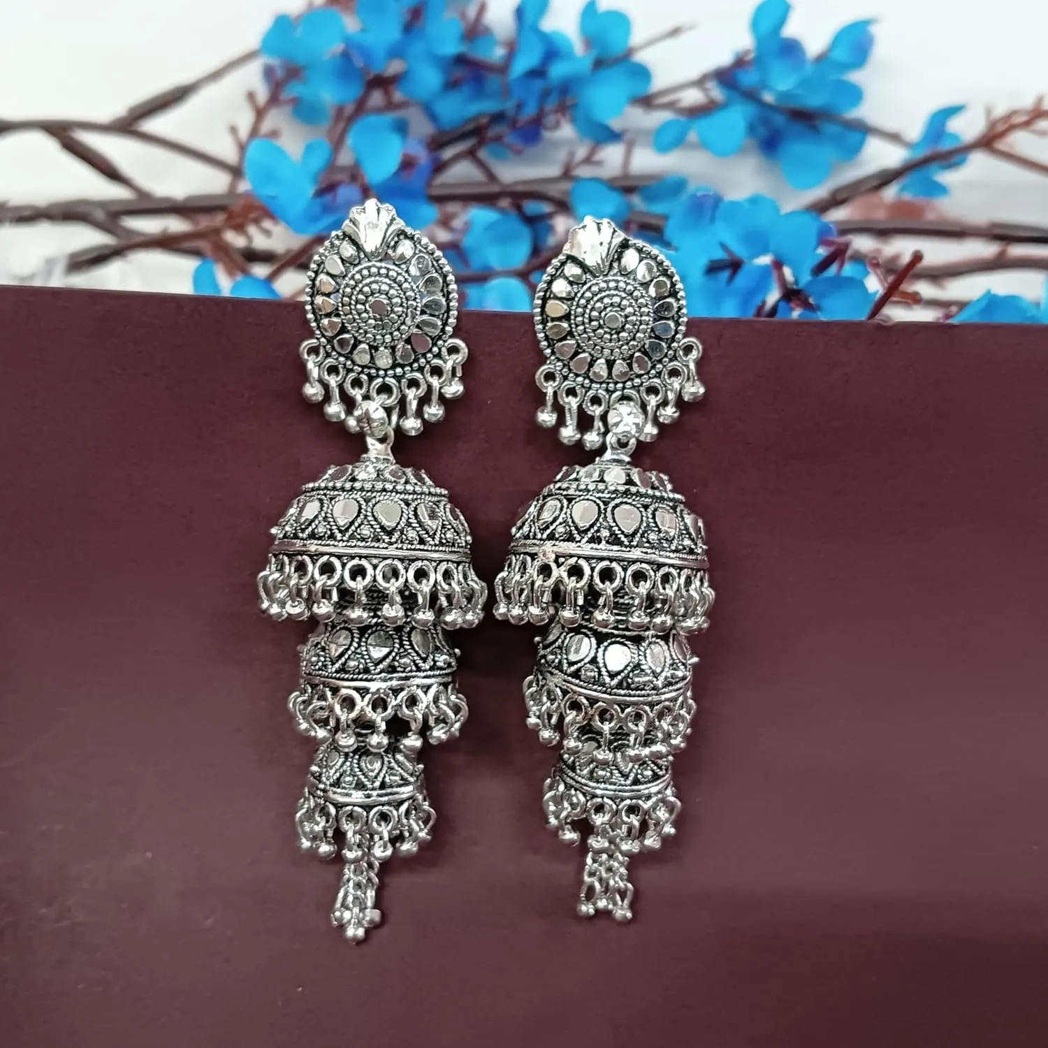 Efulgenz Oxidized Jhumka Earrings Oxidized Indian Jewelry Jhumka Boho Layered Jhumka Jhumki Tassel Dangle Statement Earrings for Women