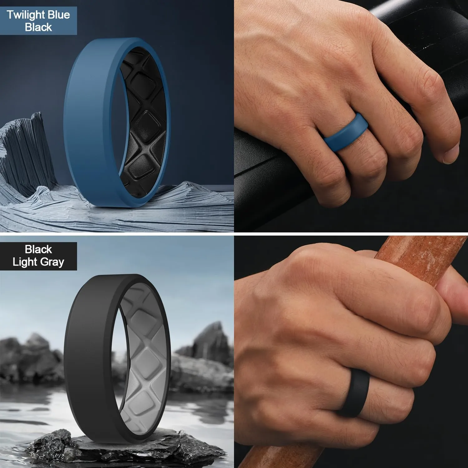 Egnaro Men's Silicone Rings, 7.5mm Wide 2.5mm Thick Rubber Wedding Bands For Him, Ergonomic Beveled Edge Two Tone Waterproof Workout Accessories