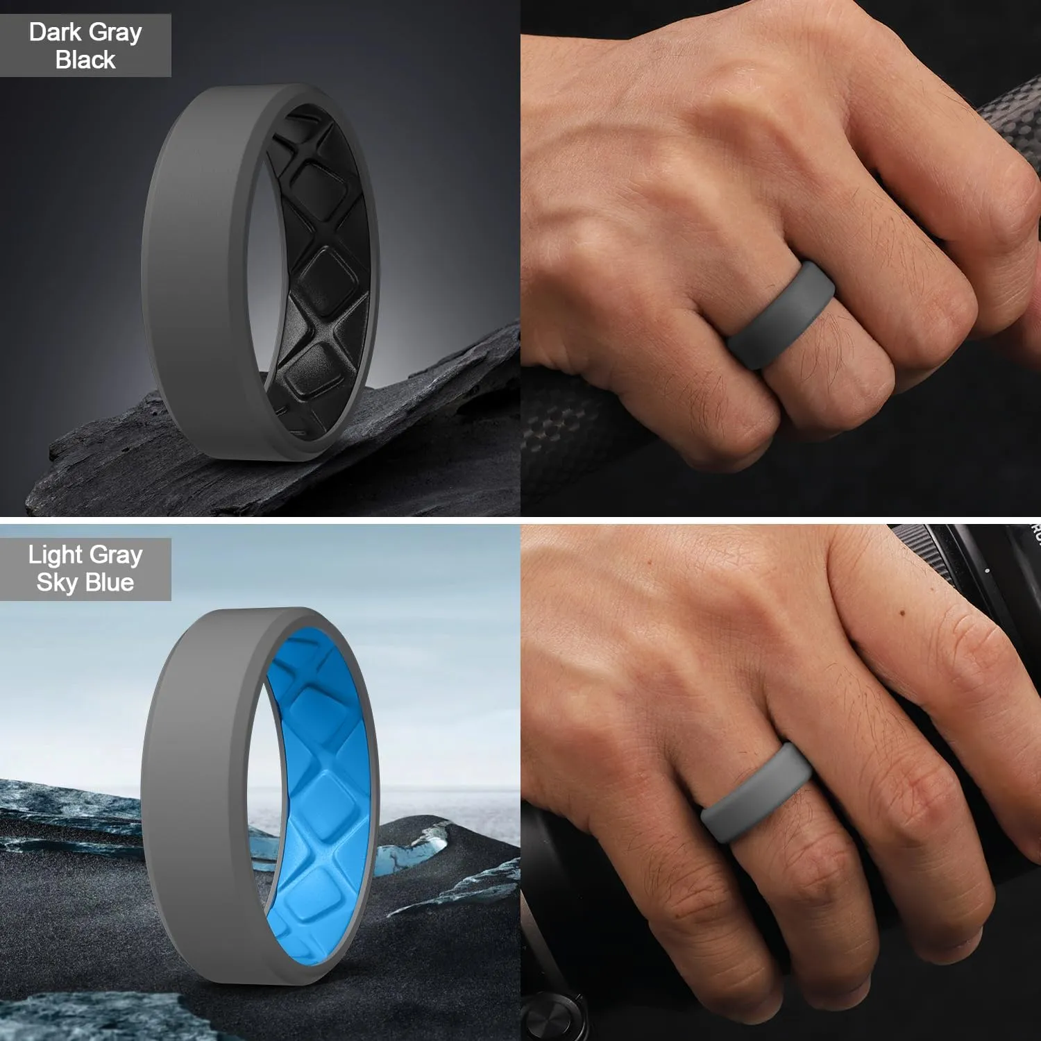 Egnaro Men's Silicone Rings, 7.5mm Wide 2.5mm Thick Rubber Wedding Bands For Him, Ergonomic Beveled Edge Two Tone Waterproof Workout Accessories