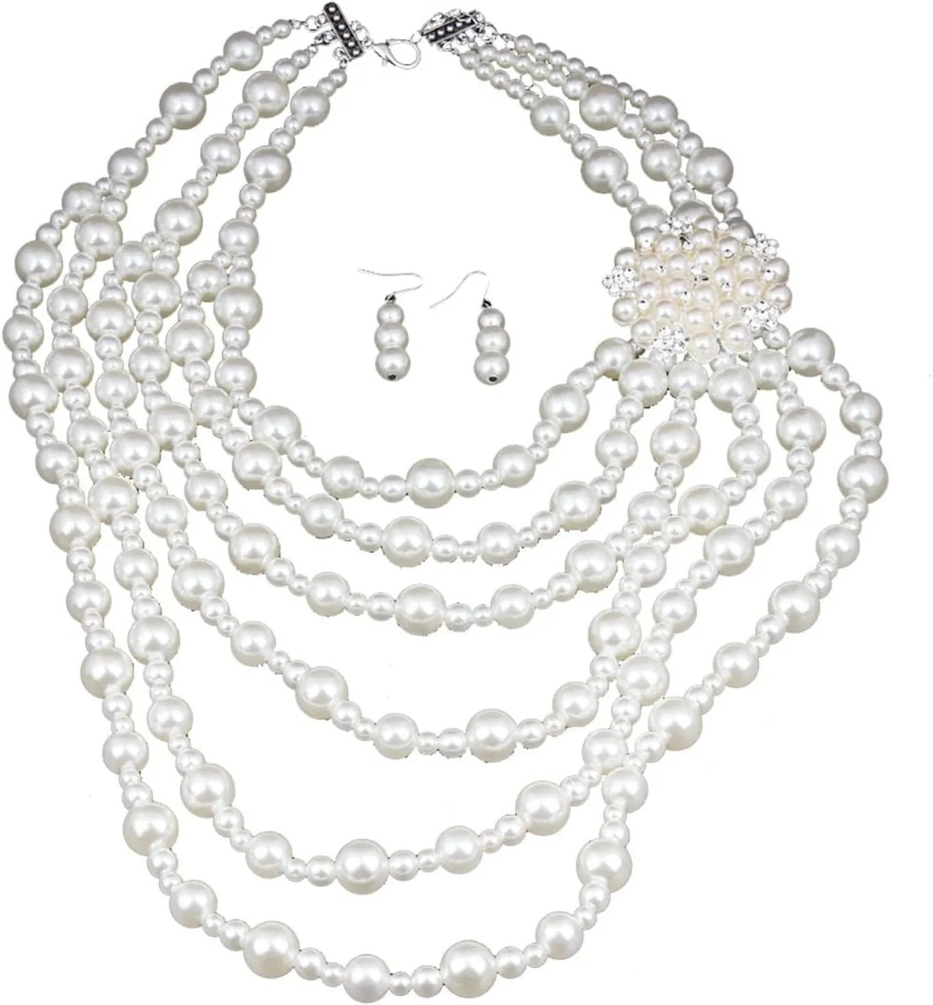 Elegant Long Necklace and Earrings Set Multilayer Imitation Pearls Beads Jewelry Set Suitable for Daily and Formal Event, Faux Pearl, No Gemstone