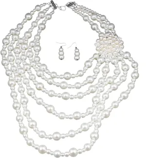 Elegant Long Necklace and Earrings Set Multilayer Imitation Pearls Beads Jewelry Set Suitable for Daily and Formal Event, Faux Pearl, No Gemstone