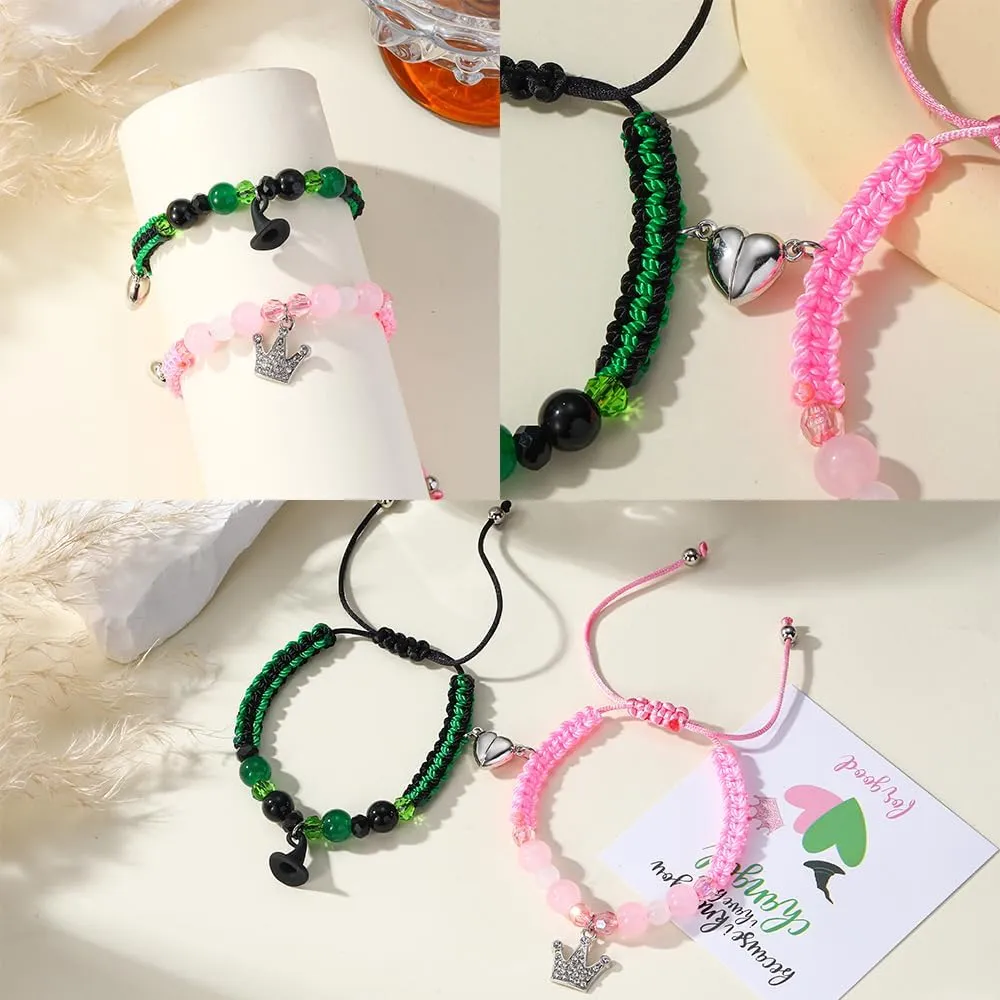 Elphaba Galinda Matching Bracelets -Braided Friendship Bracelet- Rhinestone Crown Witch Hat Matching Bracelets -Couples BFF Accessories Gifts for Fans Party Dress Decor