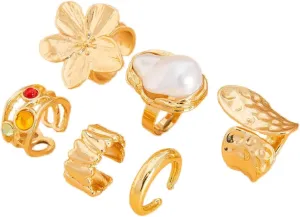 Esther Vintage Style Women Statement Rings Set, 6 Pcs Dainty Stackable Finger Adjustable Ring Set