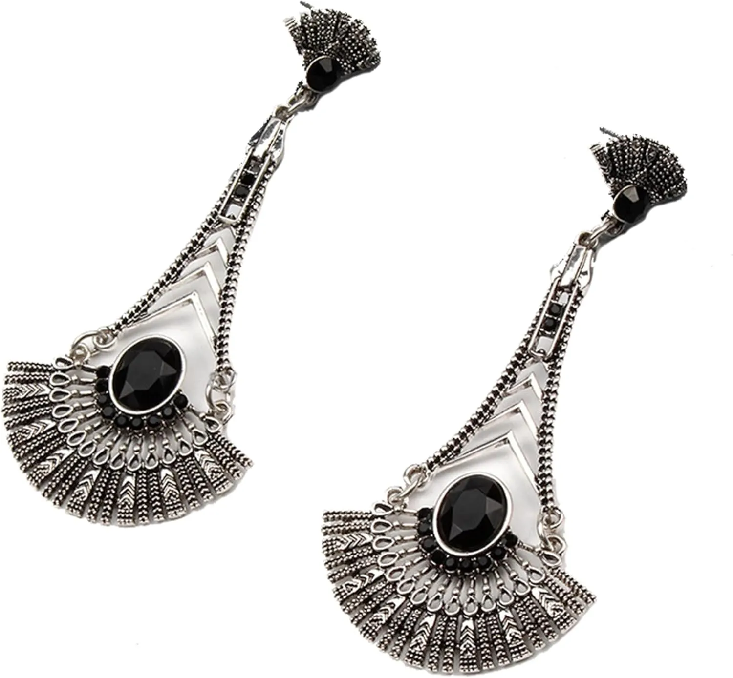 Extra LONG Art Deco Fan Silver Tone Antique Vintage Style Jet Black Onyx Rhinestone Earrings