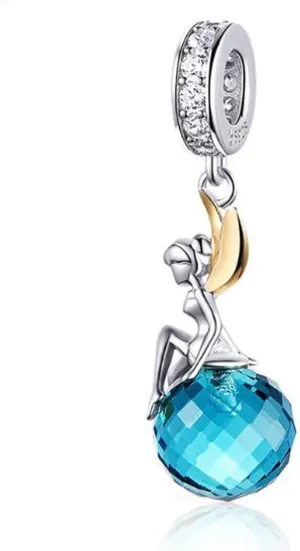 Fairy Charm 925 Sterling Silver Feathers Wing Angel Charms Blue Birthstone Charms for Bracelets Charm Bracelet Bead for Women (Blue Crystal Angel Girl)