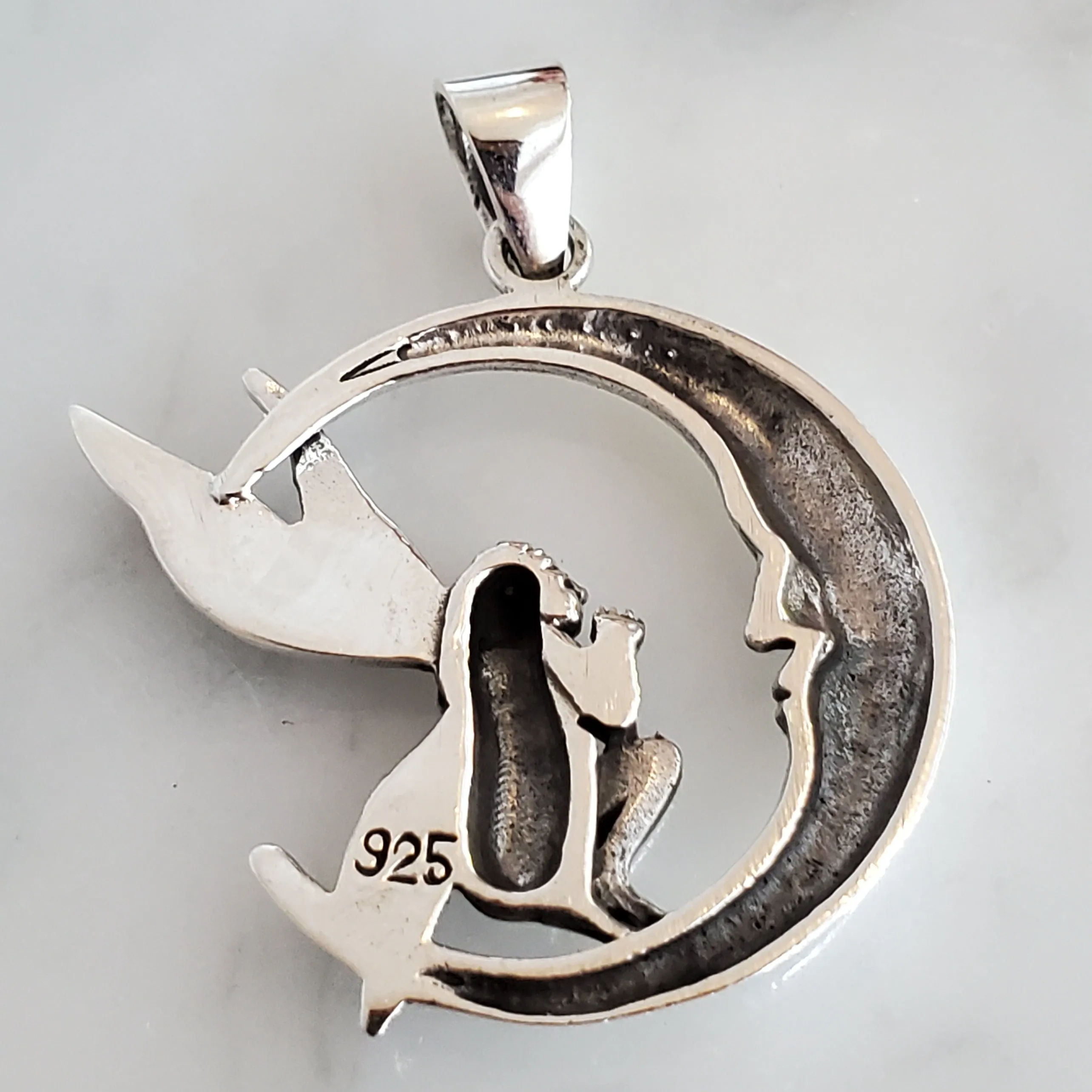 Fairy on Moon Amulet .925 Sterling Silver Charm Pendant