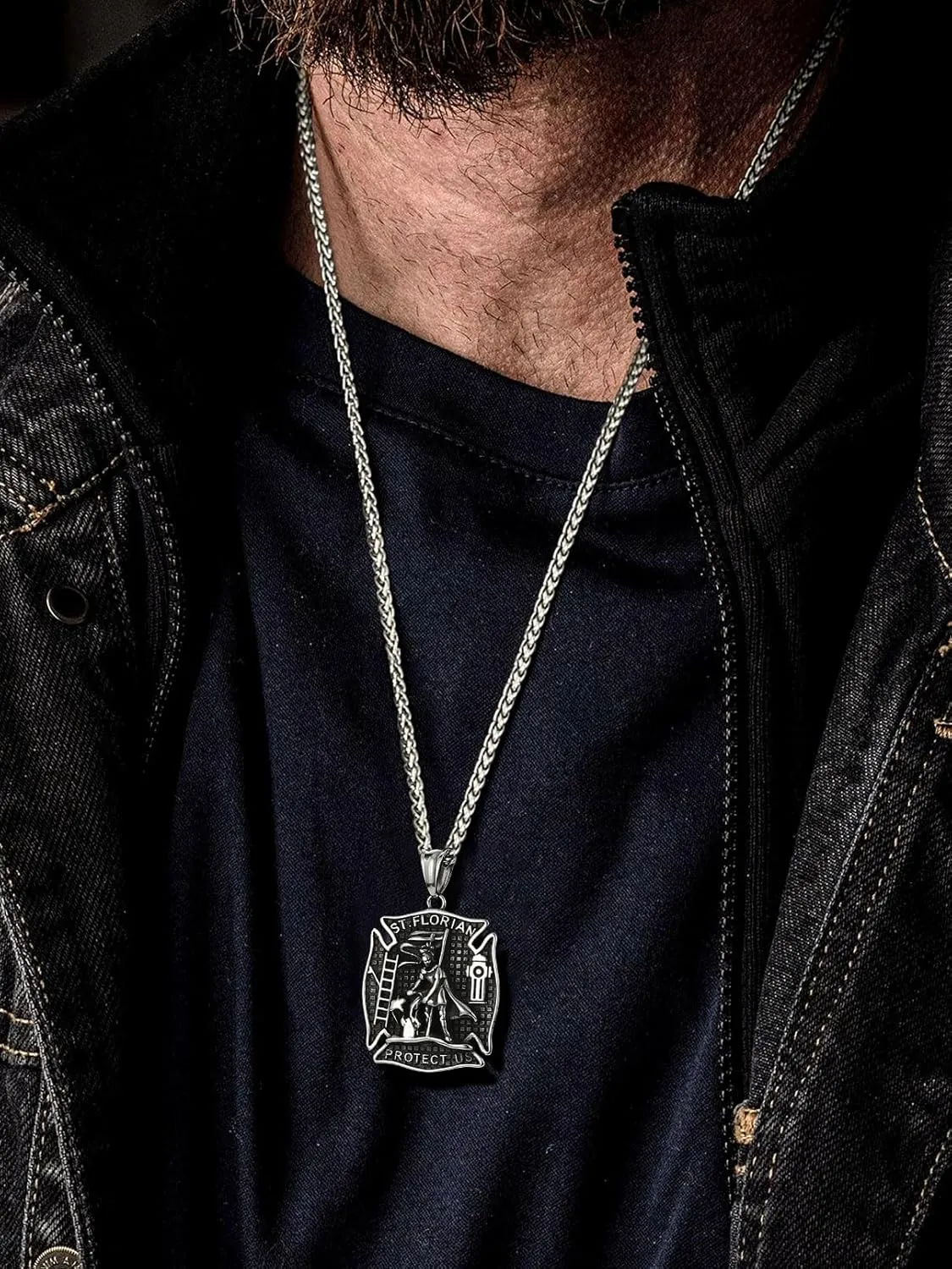 FaithHeart St Florian Firefighter Necklace for Men, Silver/Black Stainless Steel Protection Amulet Medal Pendant Necklaces Catholic Jewelry Gifts for Police Father Son