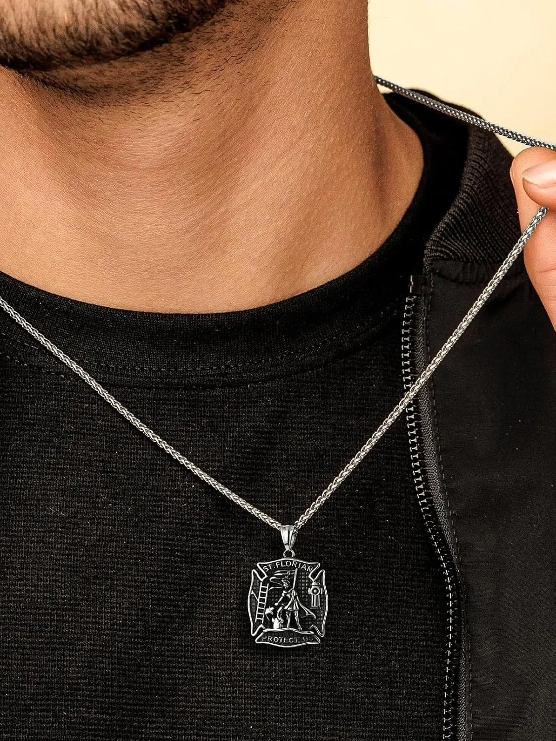 FaithHeart St Florian Firefighter Necklace for Men, Silver/Black Stainless Steel Protection Amulet Medal Pendant Necklaces Catholic Jewelry Gifts for Police Father Son