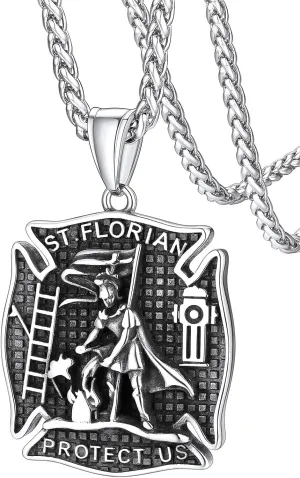 FaithHeart St Florian Firefighter Necklace for Men, Silver/Black Stainless Steel Protection Amulet Medal Pendant Necklaces Catholic Jewelry Gifts for Police Father Son