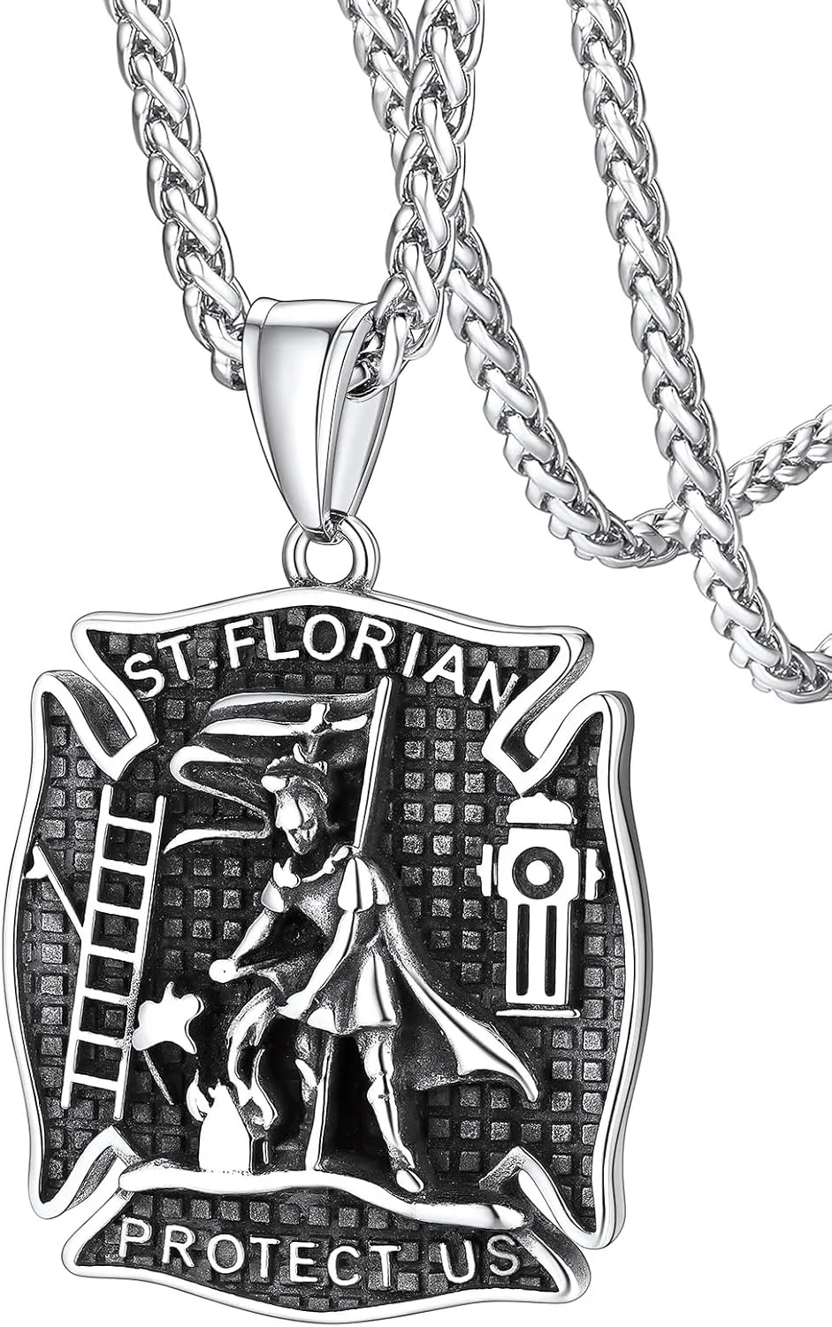 FaithHeart St Florian Firefighter Necklace for Men, Silver/Black Stainless Steel Protection Amulet Medal Pendant Necklaces Catholic Jewelry Gifts for Police Father Son