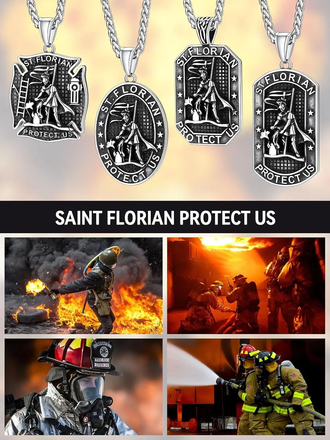 FaithHeart St Florian Firefighter Necklace for Men, Silver/Black Stainless Steel Protection Amulet Medal Pendant Necklaces Catholic Jewelry Gifts for Police Father Son