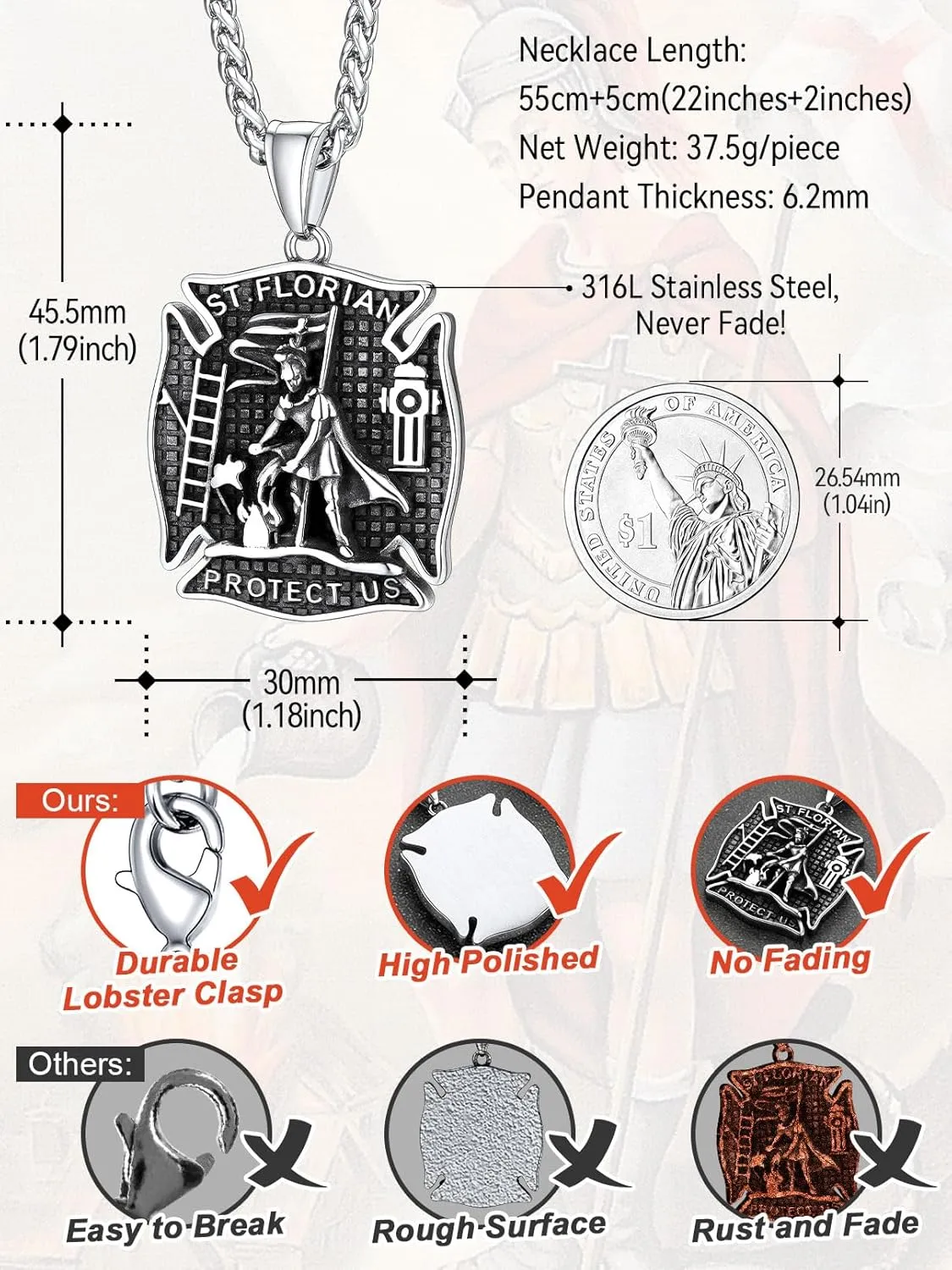 FaithHeart St Florian Firefighter Necklace for Men, Silver/Black Stainless Steel Protection Amulet Medal Pendant Necklaces Catholic Jewelry Gifts for Police Father Son